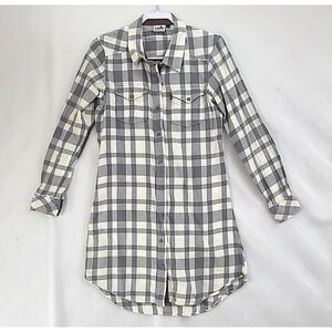 Kavu Plaid Flannel Shirt Dress Elbow Patches Sz M Lagenlook Cabincore Lodge Camp